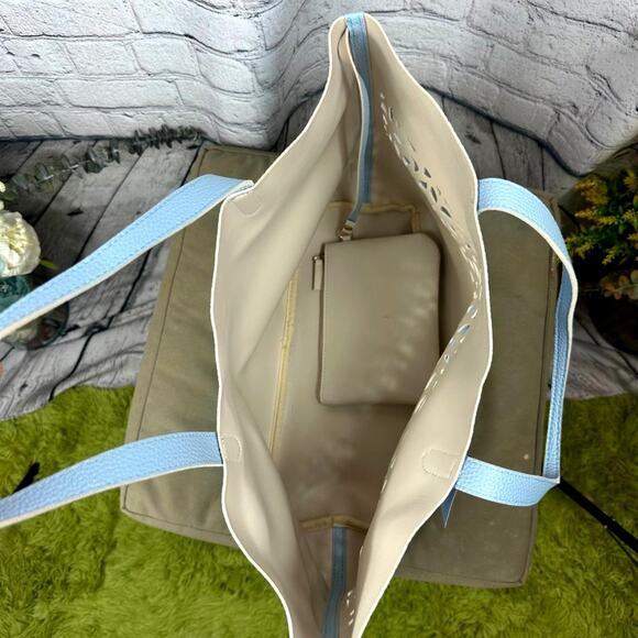 Laser Cut Light Blue Faux Pebble Leather Tote Bag with pouch - Picture 6 of 8